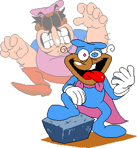 The Doise, using a boulder as a pedistal to lean on with a foot. He's sticking his tongue out in a crazed fashion. Peddito is behind him, transparent, vengeful, and reaching for him.