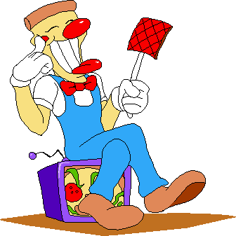 Pizzahead sitting on a purple TV, holding a flyswatter. He's tapping a finger on his cheek cheekily, tongue sticking out. The TV screen displays a close-up of Pizzaface.