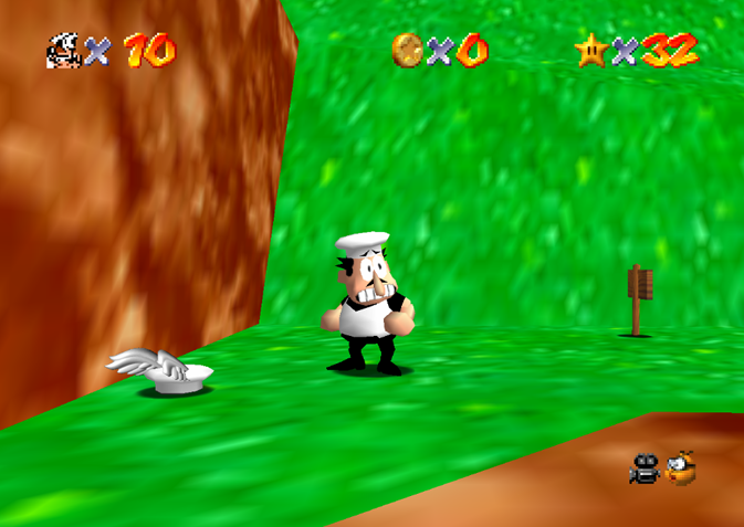 A screenshot of Peppino in Mario 64.