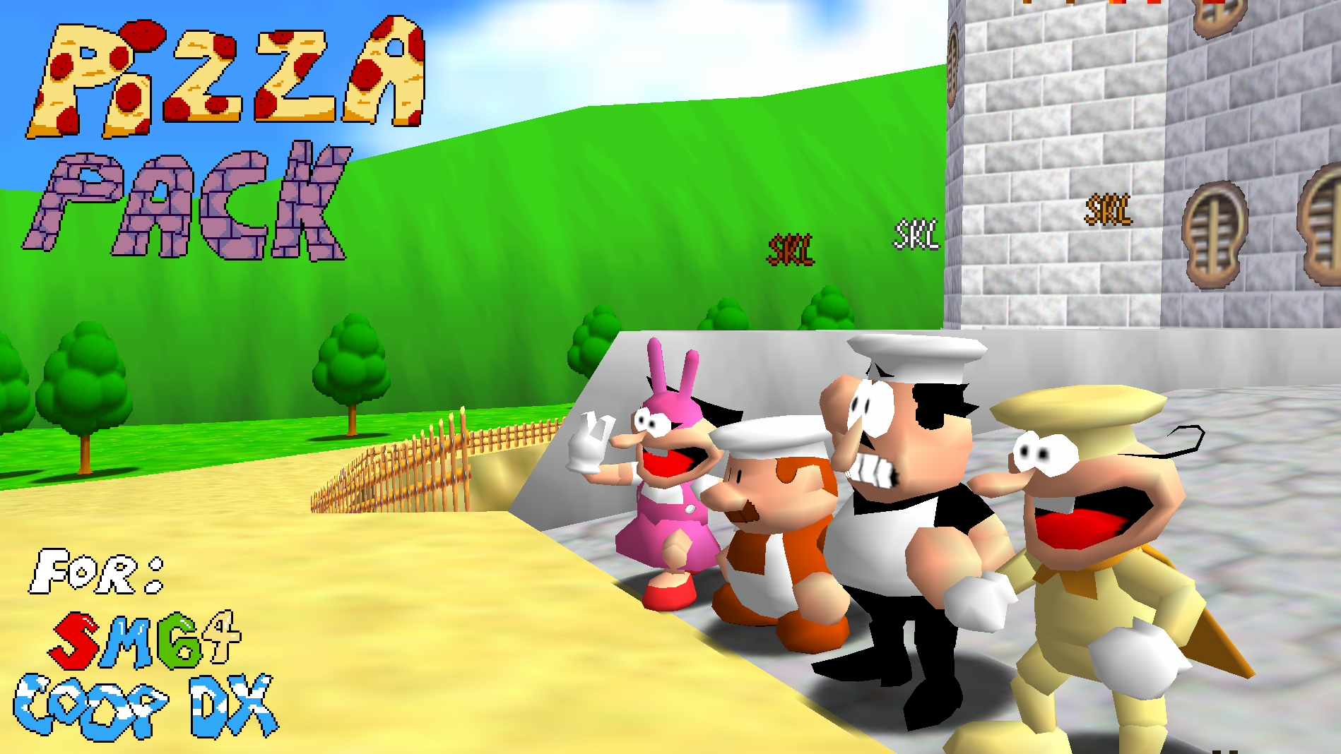 Noisette, Gustavo, Peppino and The Noise in front of Peach's Castle.
